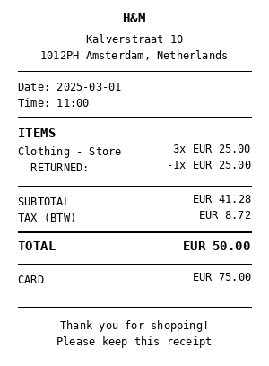 Receipt: Label a receipt with returned items