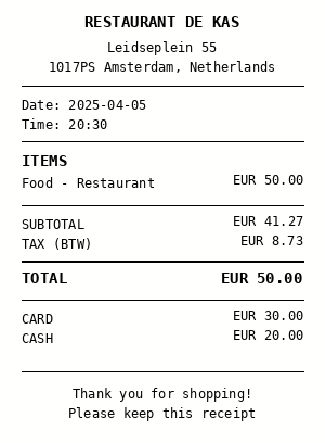 Receipt: Label a split-payment receipt (card + cash)